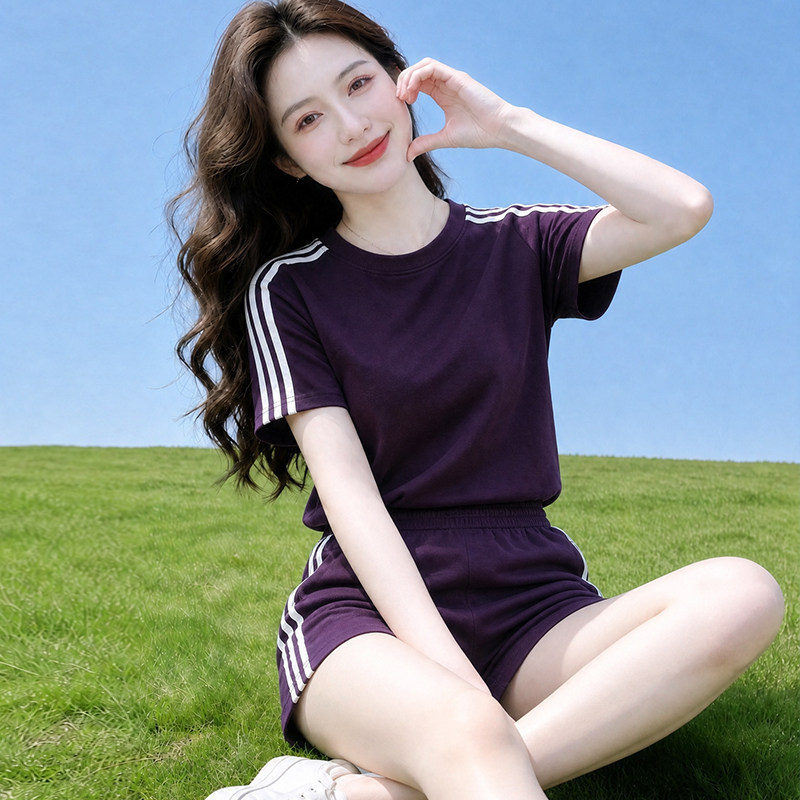 Pure Cotton Short-Sleeved Shorts Casual Sports Suit for Women Summer 2026 New Style Running Fitness Thin Fashion Two-Piece Set Pure Cotton Short-Sleeved Shorts Casual Sports Suit for Women Summer 2026 New Style Running Fitness Thin Fashion Two-Piece Set