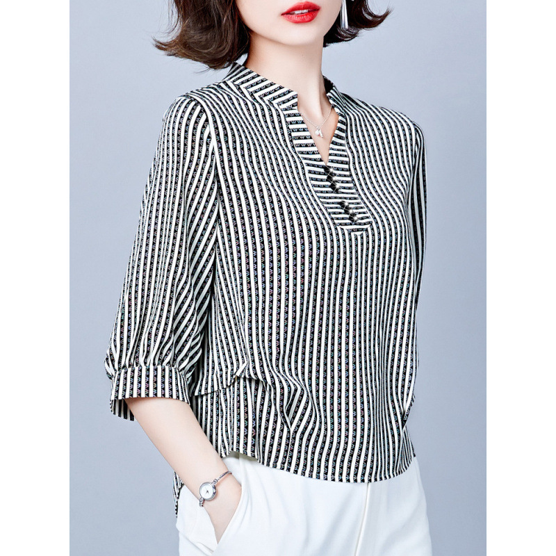女性用フレンチ七分袖シャツ、夏服、おしゃれな年齢軽減中袖シャツ、中年ママのお腹カバーシフォントップス、春秋|undefined