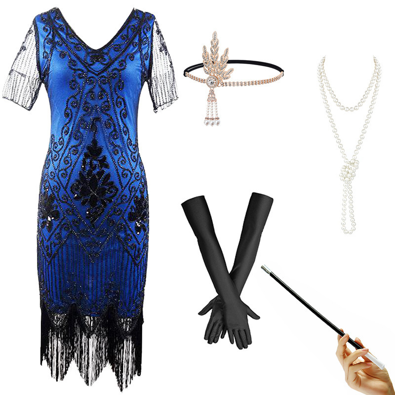 Foreign trade European and American women's 1920 vintage sequined tassel dress short sleeve long dress party stage performance clothing suit