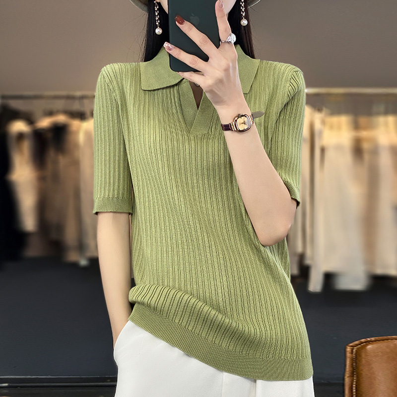 Cross-Border Short-Sleeved Knitwear for Women 2025 Spring and Summer New Polo Collar Mercerized Cotton T-Shirt Bottoming Shirt Slimming Look