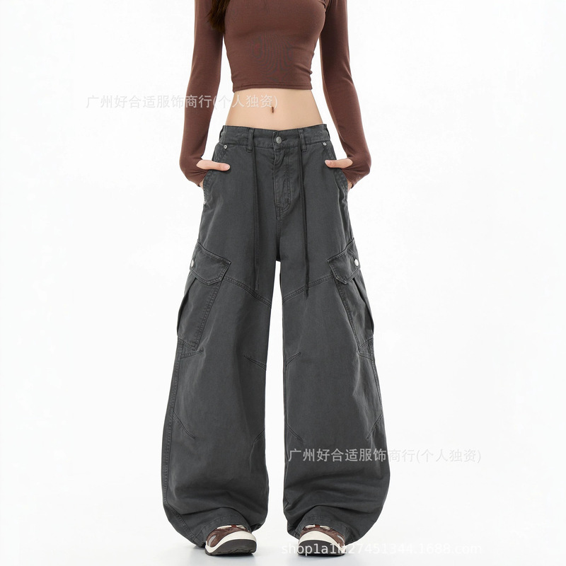 In stock: 26 Autumn Vintage Washed Gray Workwear Wide-Leg Pants for Women, High-Waisted with Three-Dimensional Large Pockets and Drawstring Design