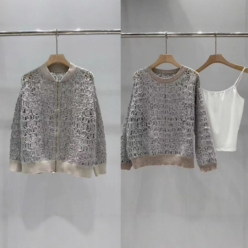 2025 Early Autumn New Elegant Retro Mesh Cut Out Sequin Pullover Knitwear + Cut Out Sequin Knitted Cardigan