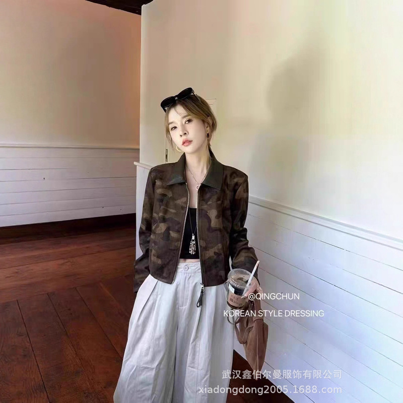 沙漠迷彩拉链短款翻领小外套女辣妹机能风修身仿麂皮绒上衣潮工厂|undefined