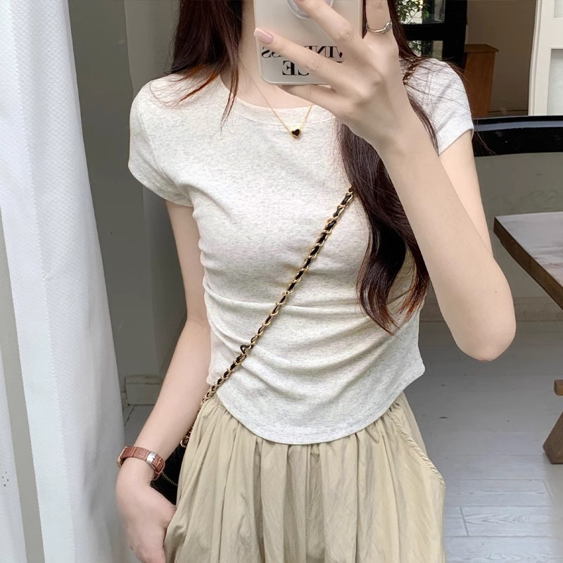 Instagram-worthy sexy slim-fit T-shirt with flutter sleeves, new style, solid color, flattering fit, wholesale.