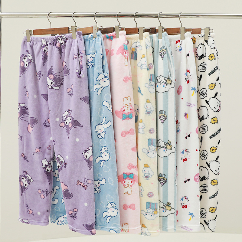 3XL plus size Single Flannel Pajama Pants Pants Pajamas Women's Single Pocket Autumn and Winter Outer Wear Cartoon Home Clothes