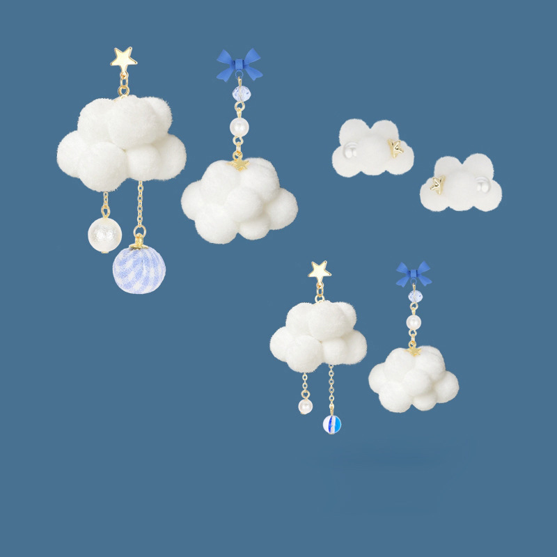 New Asymmetric White Cloud Drop Earrings Fluffy Ball Cute Blue Bow Girl Heart Ear Stud Earrings