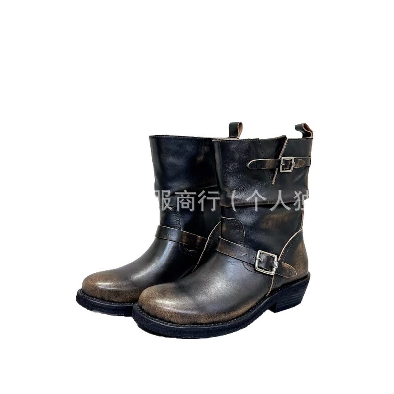 高端小众2025秋冬真皮圆头擦色复古皮带扣粗跟骑士靴中筒堆堆靴女|undefined