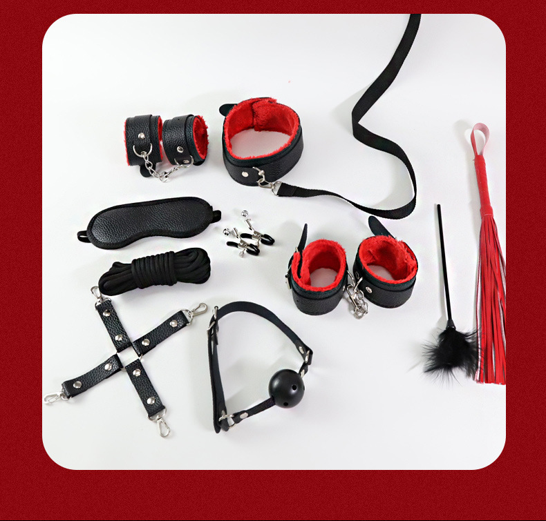 SM Black and Red 10-Piece Bondage Set with PU Leather and Plush Restraints — detail image 4