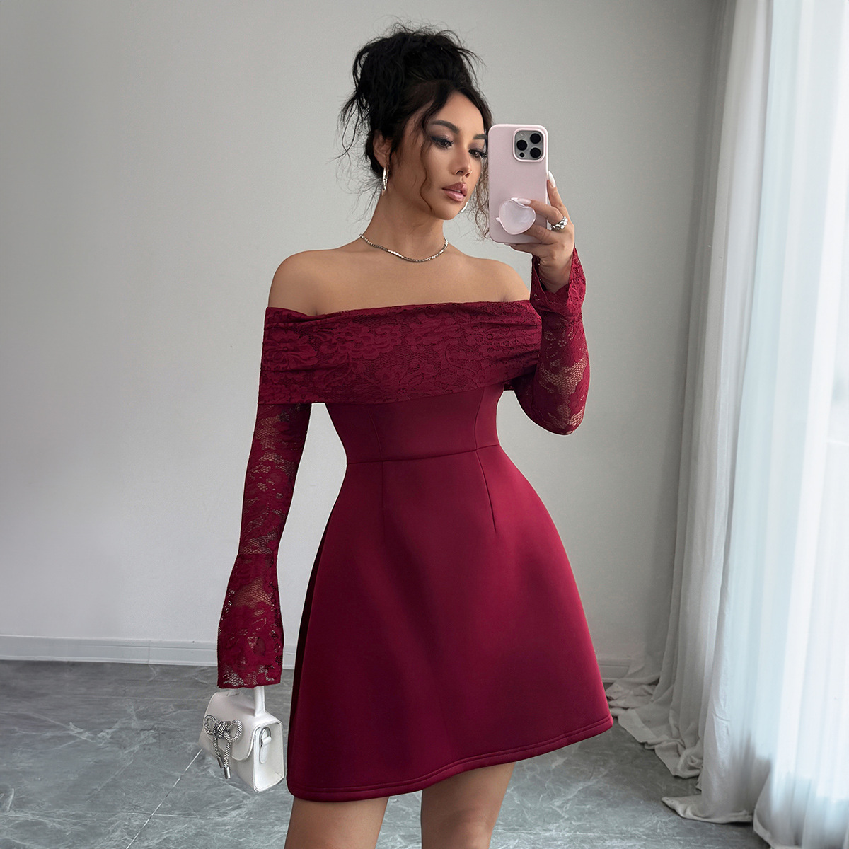 Women's Clothing Strapless Lace Long Sleeved Dress For Women Elegant European American Style Autumn Winter_ecoleips.com