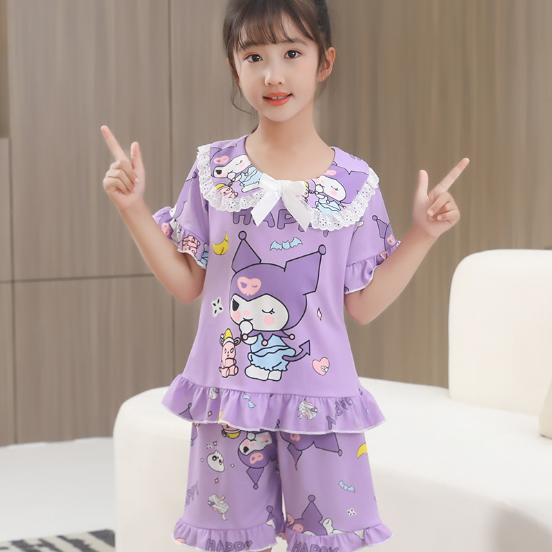 Pijamas de niñas de manga corta de verano delgado jade Gui perro caricatura princesa encantadora viento encaje delgado dulce conjunto de hogar