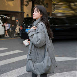 灰色韩系菱形格中长款羽绒服女2025冬超好看宽松加厚90白鸭绒外套