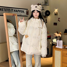 韩版新款大毛领新款棉服女冬小熊连帽棉衣减龄波点加厚面包服外