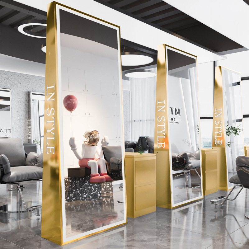 Barbería espejo salón especial espejo barbería piso corte de pelo red rojo doble cara con lámpara contra la pared escaldado espejo de marea