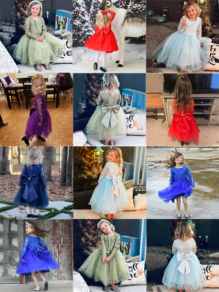 Vestido de niña para boda, de encaje, manga larga, con flores, estilo princesa, con lazo de malla, de Amazon Cross-Border.