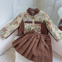 韩版女童小香风套装春秋季新款洋气花朵女宝外套百褶短裙两件套