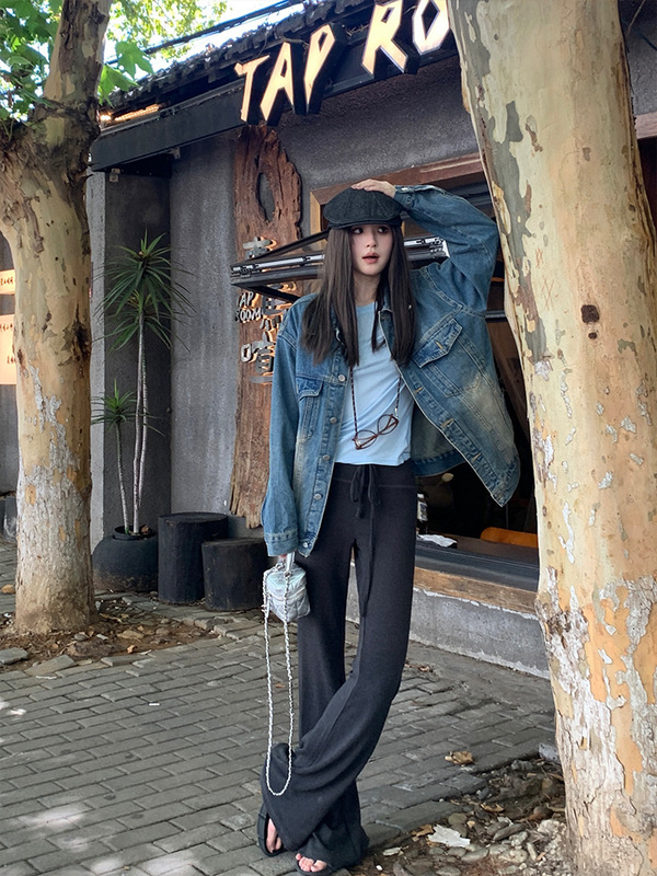 抽绳系带垂垂裤女2025新款针织垂感松弛慵懒风显瘦直筒窄版休闲裤|undefined