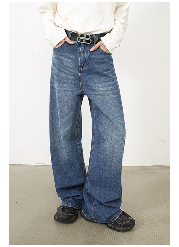 Quần jean nam ống rộng cạp vừa phong cách Hàn, denim cotton pha, form suông thoải mái — Màu đen, Xanh lam cổ điển, Xanh lam nhạt, Xanh lam đậm chi tiết 11