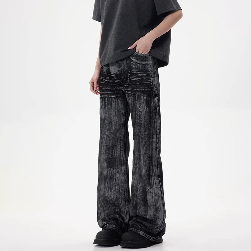 Pantalones vaqueros encerados vintage para hombre, corte recto relajado, estética limpia, lavado desgastado, ropa informal de calle_voghion.com