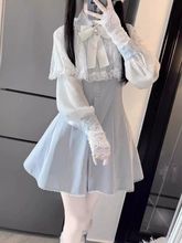 日系甜美少女纯欲风清楚系披肩蕾丝蝴蝶结雪纺长袖连衣裙女春秋季