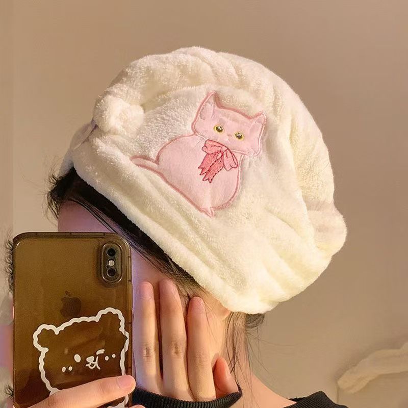 ✅ Gorro de gato adorable para mujer, toalla de dibujos animados, gorro de baño grueso para lavar, pañuelo de secado rápido para dormitorio para secar el cabello_voghion.com