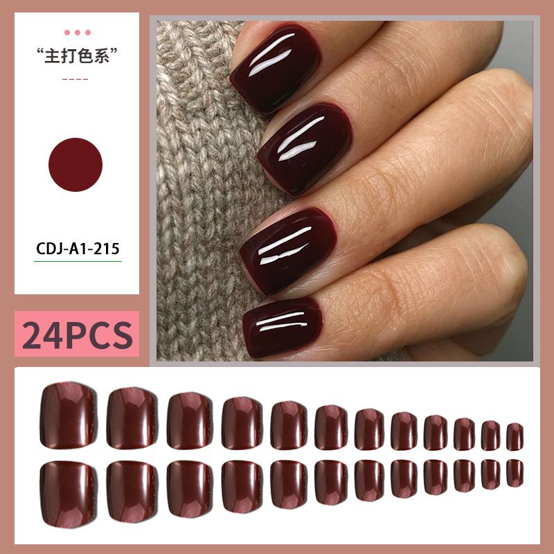 Color sólido corto vino rojo desgaste uñas productos terminados parches de manicure falsas uñas impermeables piezas de uñas desmontables