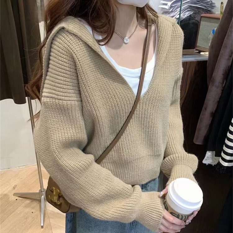 韩版纯色海军领毛上衣女韩系宽松慵懒风简约外穿套头短款针织套装|undefined