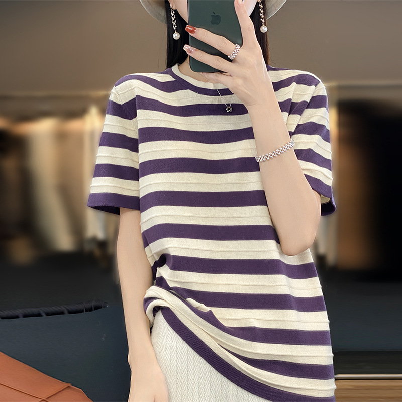 Summer Short-Sleeved T-Shirt for Women, Round Neck, 100% Pure Cotton, Striped Half-Sleeved Top, Loose Knitted Bottoming Shirt for Women