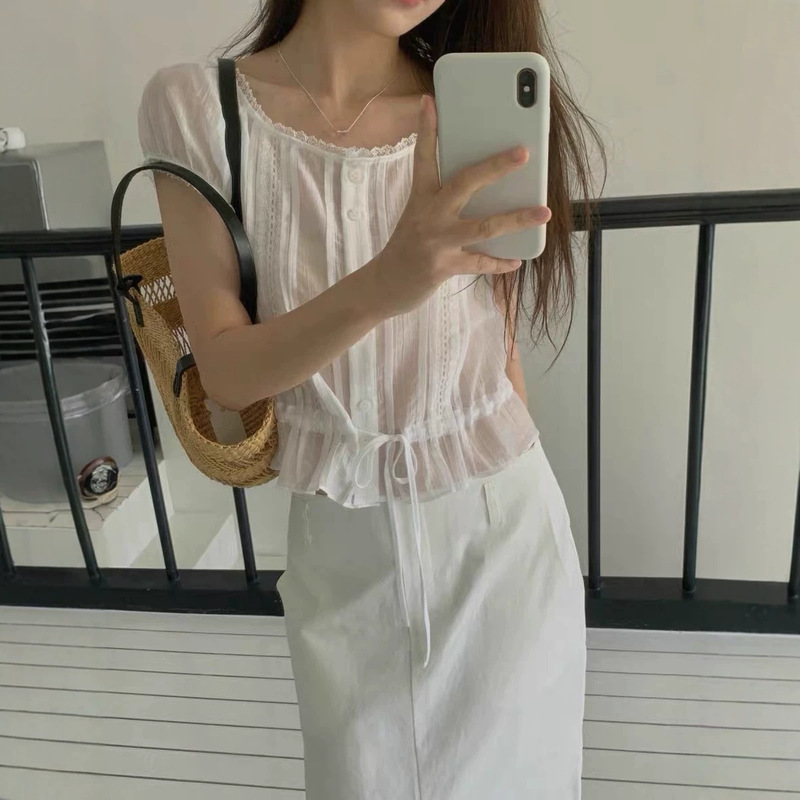 Cross-border Korean-style lace trim short-sleeve shirt for women, new summer design, waist-cinching, tie-detailed, slimming, pure and alluring top, wholesale Cross-border Korean-style lace trim short-sleeve shirt for women, new summer design, waist-cinching, tie-detailed, slimming, pure and alluring top, wholesale
