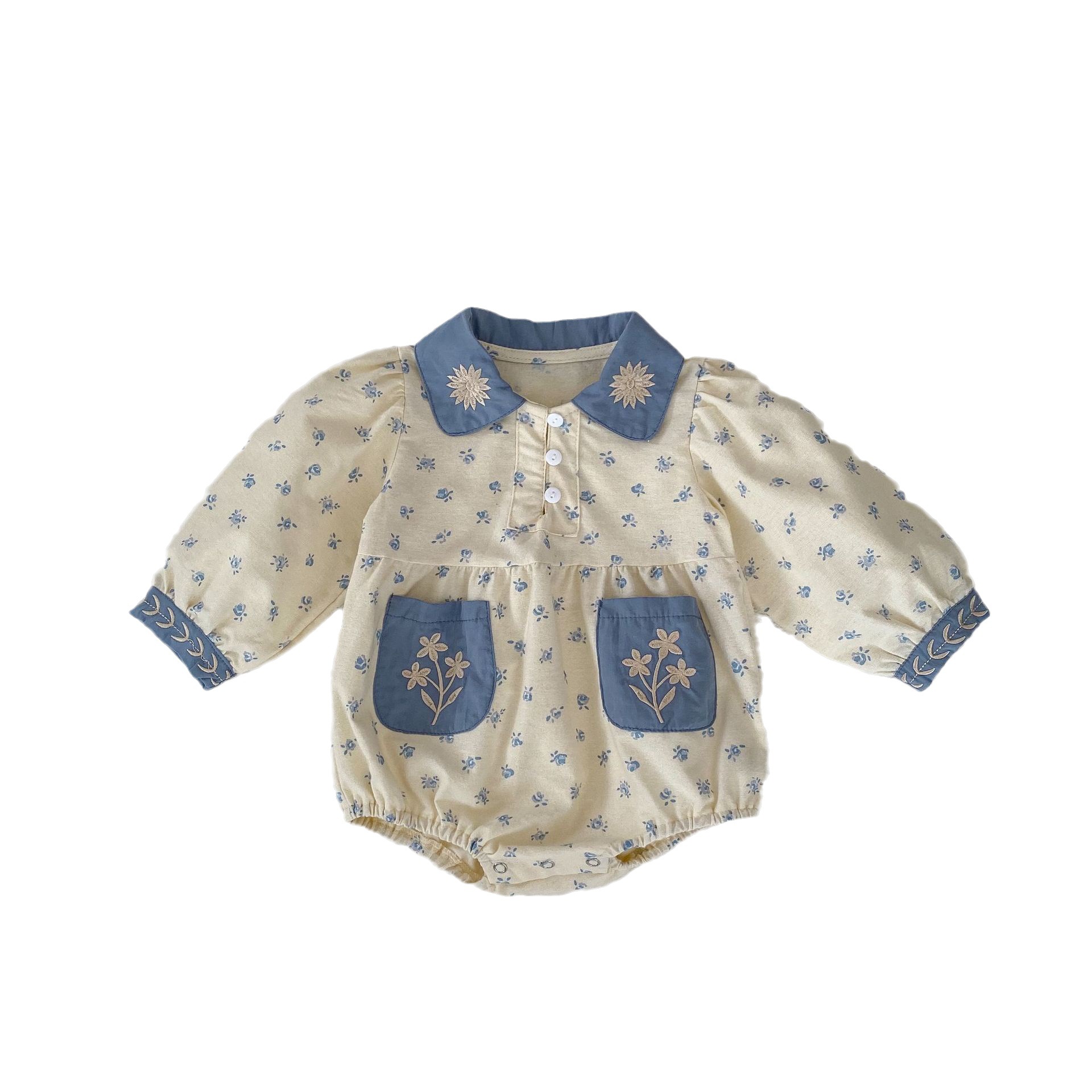 INS 2024 Autumn Infant and Girl Baby Floral Contrast Collar Embroidered Long Sleeves Yi Ha Skirt Bag Butt jumpsuit_voghion.com