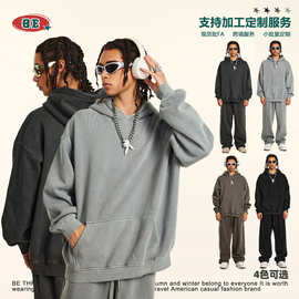 BE男装2025秋冬街头运动潮流美式复古水洗加厚加绒纯色连帽卫衣男