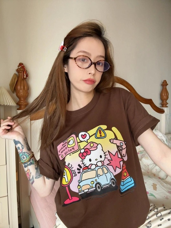 コットンダークカラー多用途ピュアコットン半袖Tシャツレディースキャンパスハローキティプリント半袖Tシャツトップスメンズ|undefined