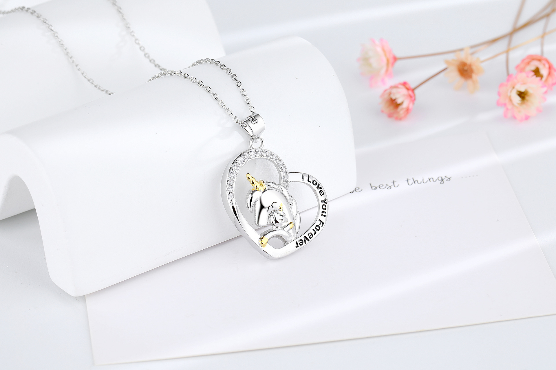 Lady Heart Shape Unicorn Copper Inlay Rhinestones Pendant Necklace 1 Piece