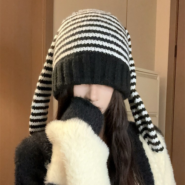 秋冬季针织帽女长耳朵兔可爱条纹毛线帽保暖护耳小众个性冷帽子|undefined