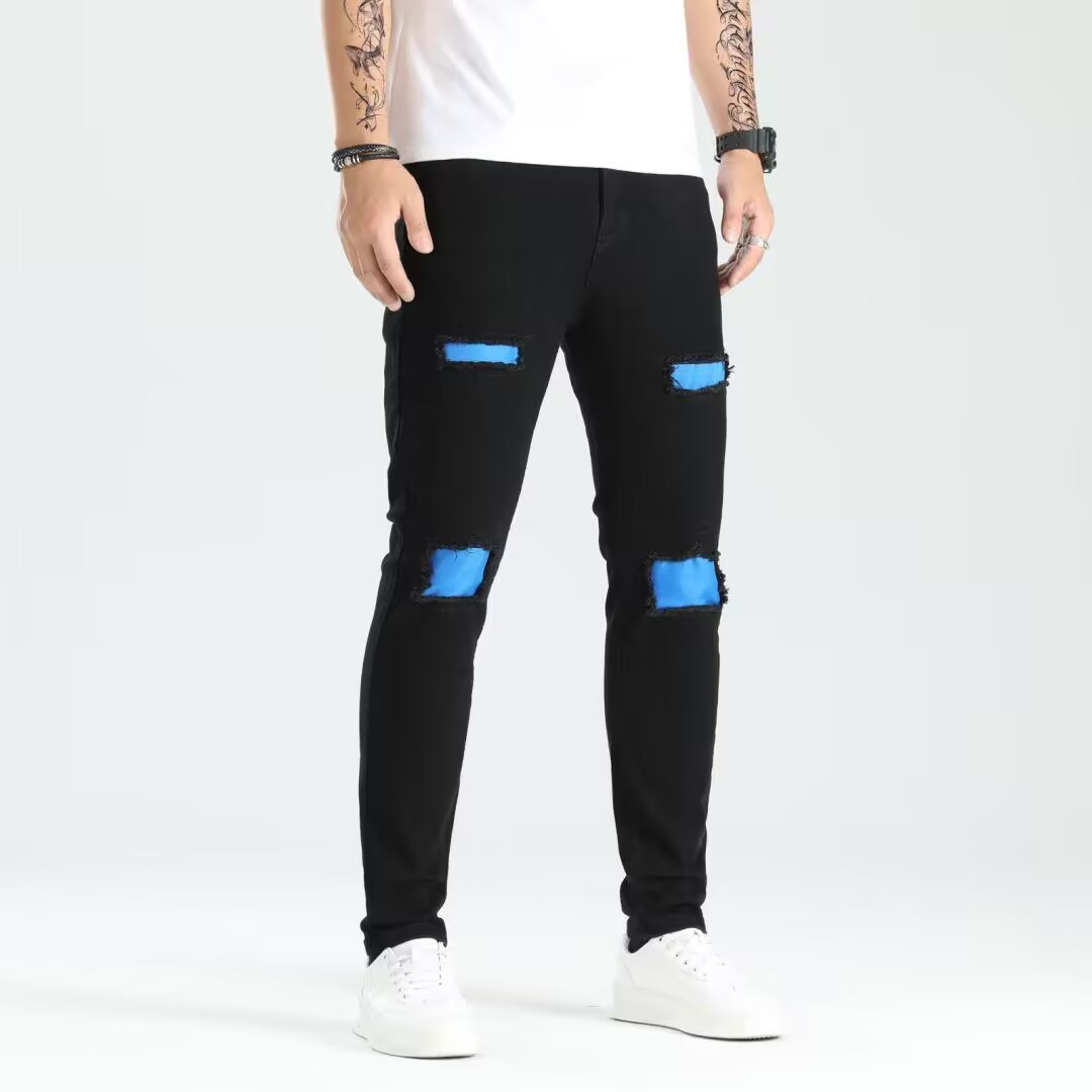 Jeans Ajustados Rasgados para Hombre de Algodón, Elástico, Con Parches, para Uso Casual image 5