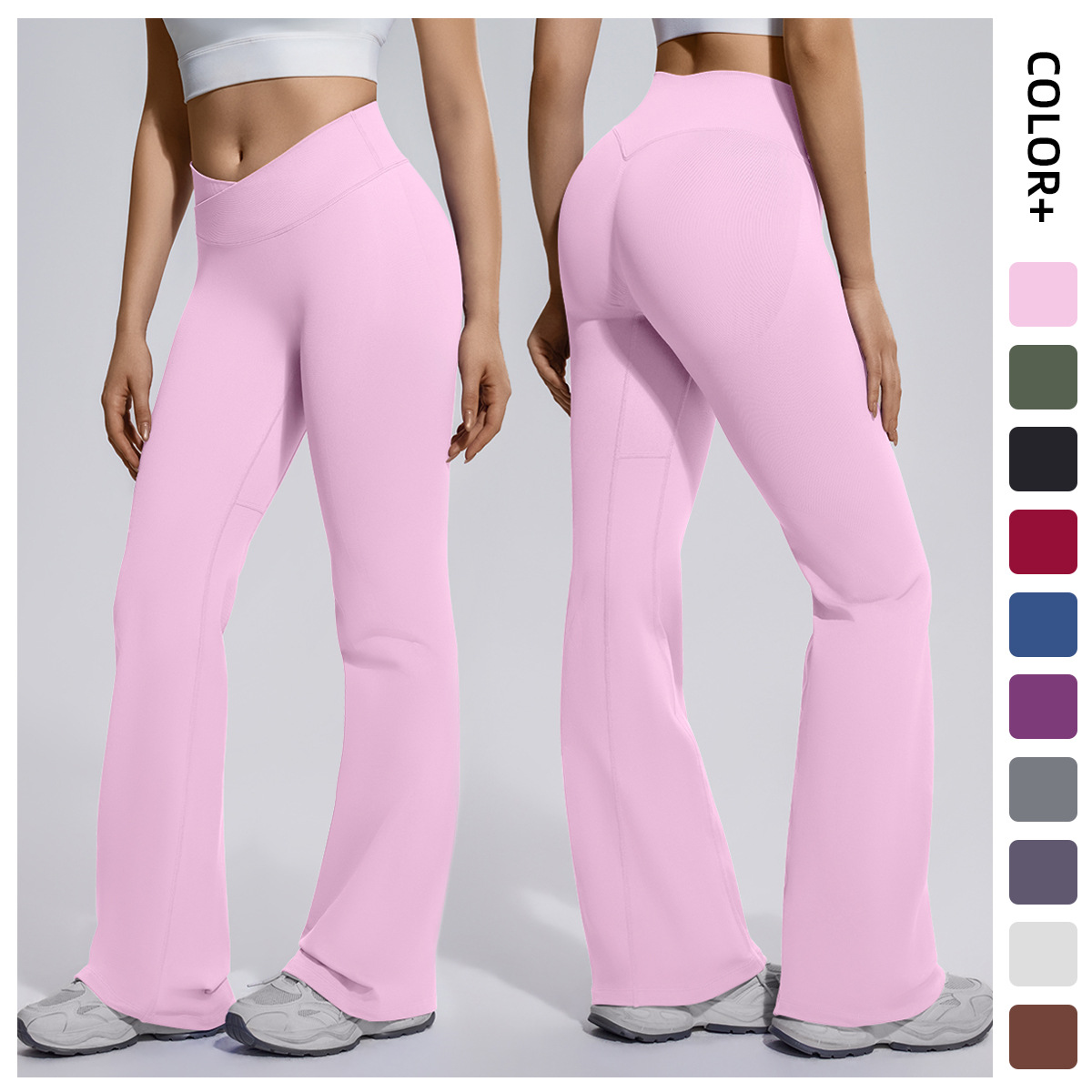 Cross-border sin costuras, piernas anchas, cintura cruzada, caderas, abdomen elástico, pantalones de boquilla, ropa de yoga para mujeres