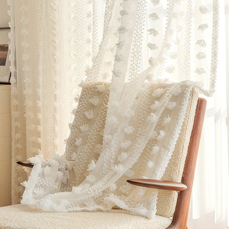 Beautiful French-Style Trendy Sheer Curtains with Romantic White Embroidery and Pom-Poms for Balcony, Living Room, and Children's Room Beautiful French-Style Trendy Sheer Curtains with Romantic White Embroidery and Pom-Poms for Balcony, Living Room, and Children's Room