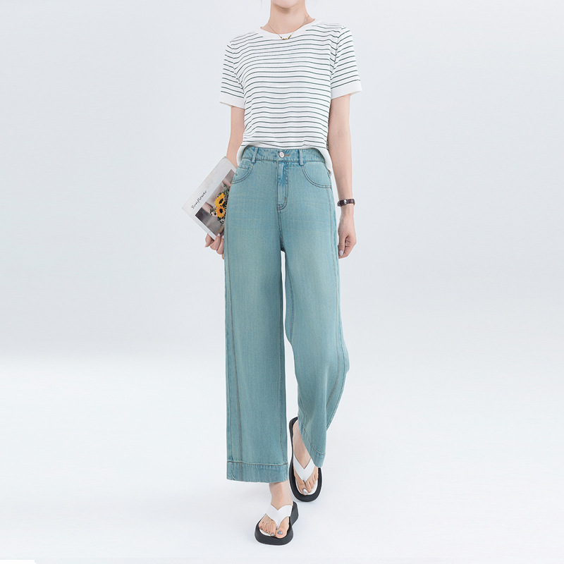 Drapey Tencel Wide-Leg Jeans for Women, Summer Thin Lyocell Petite High-Waisted Slimming Cropped Straight Pants