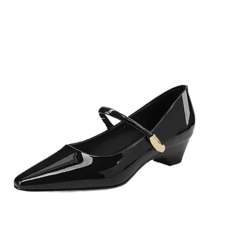 2026 primavera nuevo estilo retrógrado francés puntero tacones gruesos y poco profundos zapatos de cuero esmaltado zapatos de mujer hebilla mary-zhen zapatos
