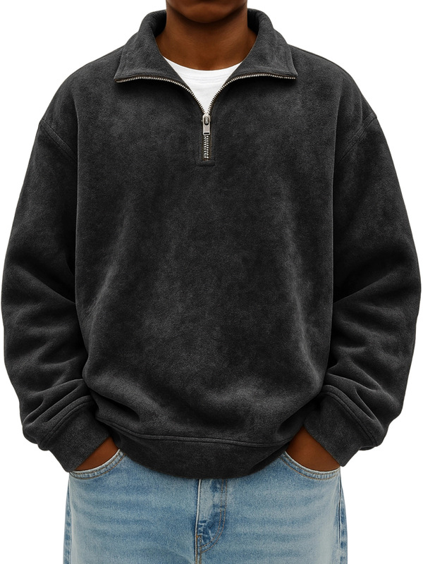 Fall Winter New European American Men's Half-Zip Solid Washed Sweatshirt Casual Loose Camp Collar Sweatshirt Men's Fall Winter New European American Men's Half-Zip Solid Washed Sweatshirt Casual Loose Camp Collar Sweatshirt Men's