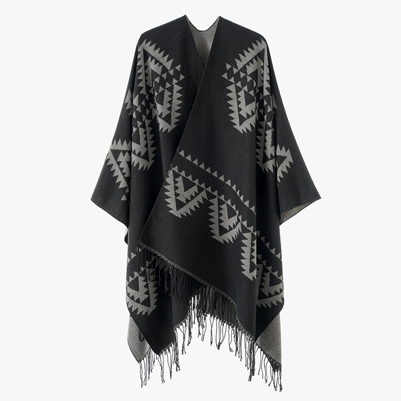 2024 nueva primavera y otoño invierno estilo nacional geométrico moda multi-elemento bifurcado camisa chal abrigo suelto