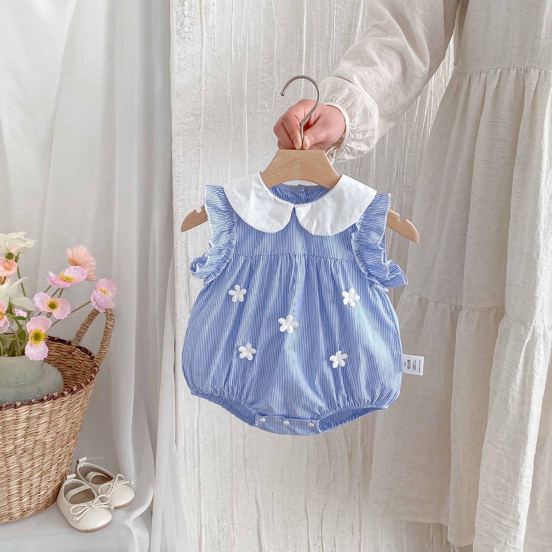 Baby Clothes Summer Pure Cotton Class A Sleeveless Blue and White Striped Fresh Style Jumpsuit Women's Sweet Lapel Ha Clothes