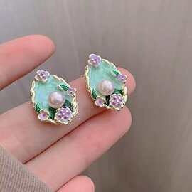 法式复古绿色油画古风花朵耳钉轻奢宫廷风耳饰巴洛克中珍珠耳饰品