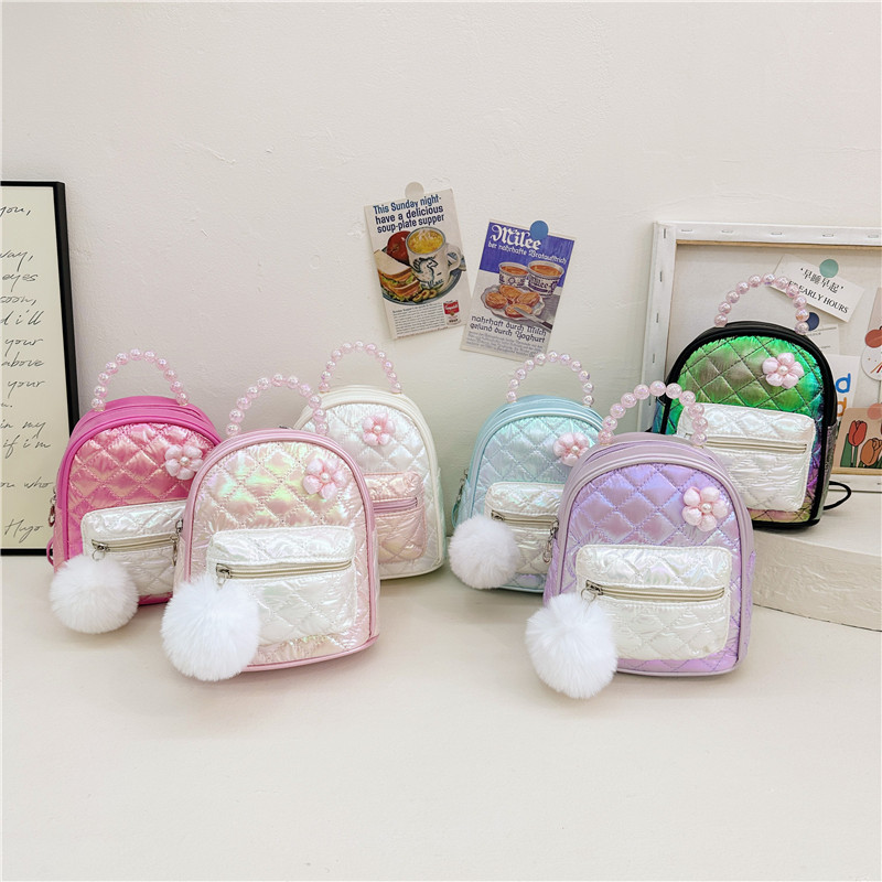 Dulce flor mochila escolar para bebé moda rombo bola de pelo grande mochila para niños y niñas mochila con cuentas para niños