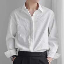 提花高级感翻领白色衬衫男宽松休闲衬衣青年雅痞帅气韩版外穿上衣