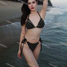 2024新款泳衣女款梅花小清新复古性感绑带三点式比基尼小胸bikini