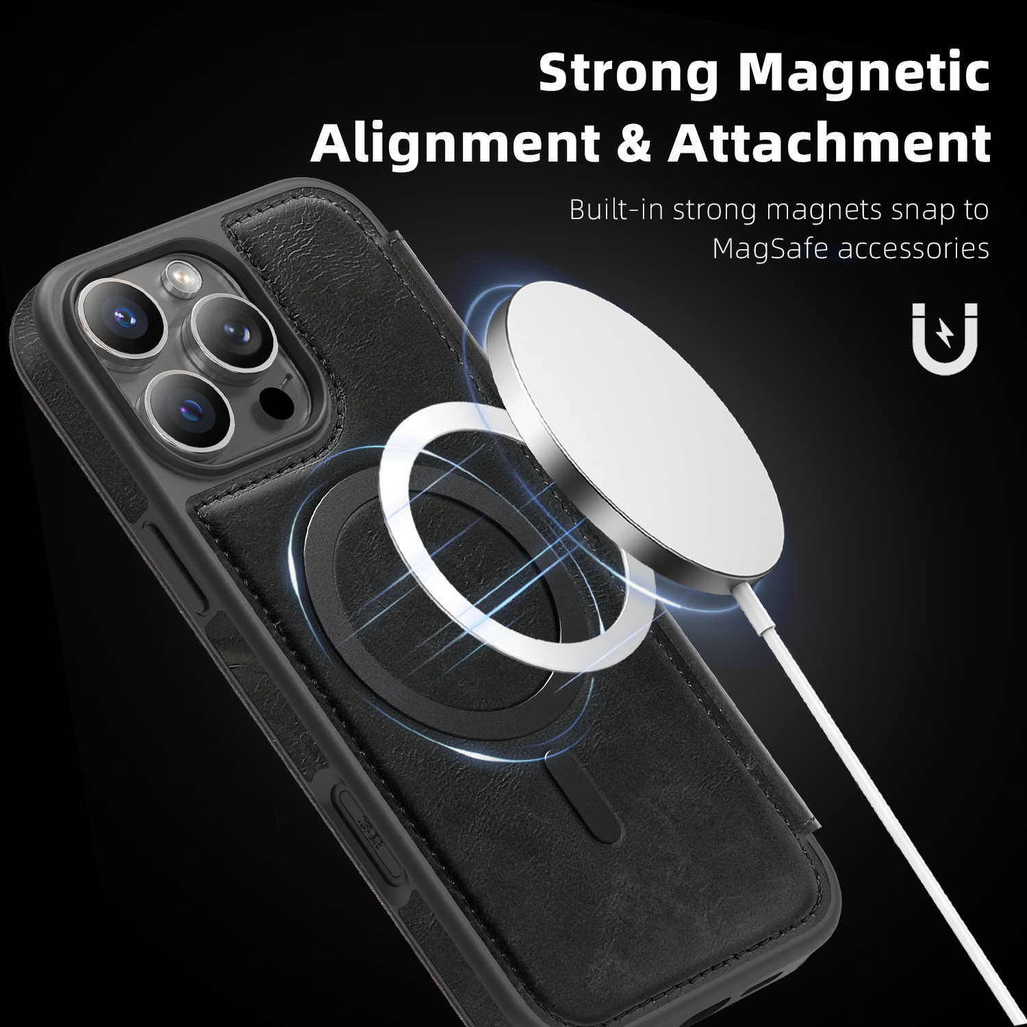 Ốp lưng da từ tính có khe đựng thẻ cho iPhone 16 Pro Max, chống sốc — Màu đen, Màu xanh ngọc, Màu cà phê, Xám vàng titan chi tiết 27
