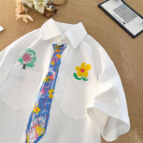 Crayon Hand-drawn Tie Short Sleeve Shirt Men Summer College Style Printed T-shirt Loose Plus Size Fun Doodle Shirt