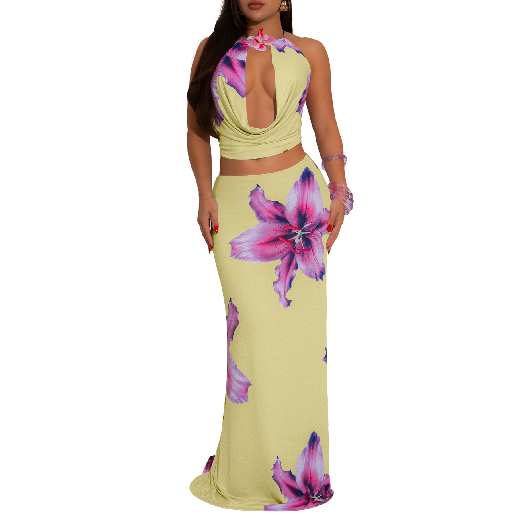 402g Weight Sleeveless Sleeve Length Polyester Fabric Type Skirt Co-ord Set Sets Type 2 Pieces Set Quantity Casual, Holiday Occasion Halter Neck Neckline Slim Fit Type Flower Pattern Summer Season Women's Gender Sexy, Streetwear Style Casual Holiday Women's Sexy Streetwear Flower Polyester Skirt Co-ord Set Skirt Sets 16