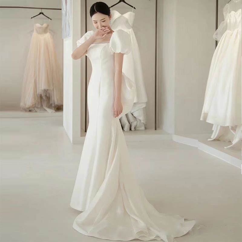 Slim Fit Satin Wedding Dress New Style Court Court Style Bridal Travel Photography Simple Evening Gown With Train For Light Wedding_ecoleips.com
