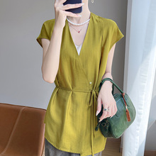 2025年夏季新款天丝棉麻V领衬衫开衫短袖女纯色系带宽松百搭上衣